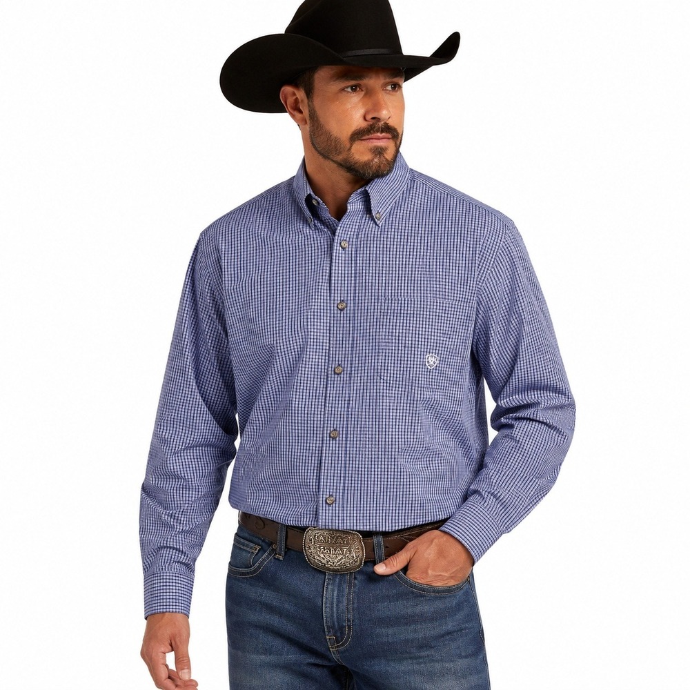 Ariat Pro Series Plaid Button Down Shirt Mens XL Blue White Mesh Yoke Western